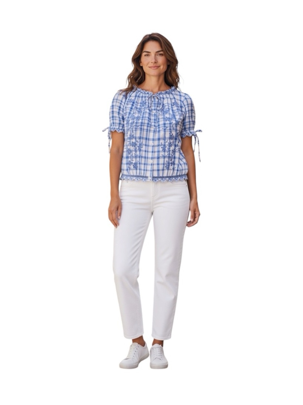 Free Assembly Gingham Embroidered Crop Top in Light Blue